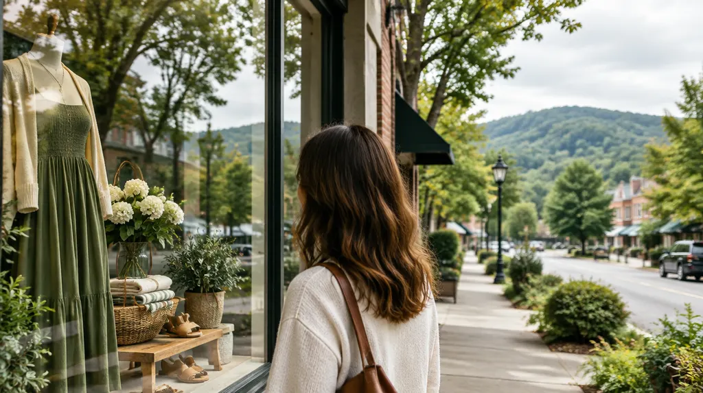 A boutique window display on a sunny street in Simpsonville, SC