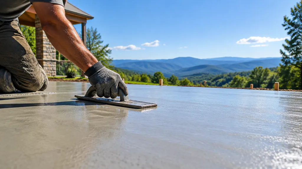 A finisher troweling a fresh patio slab in Simpsonville, SC