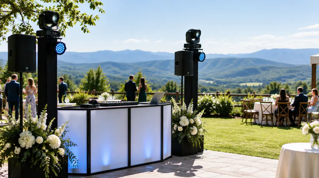 A DJ booth with lights at a wedding reception in Simpsonville, SC