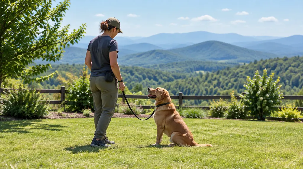 A trainer working with a dog on a leash in a yard in Simpsonville, SC