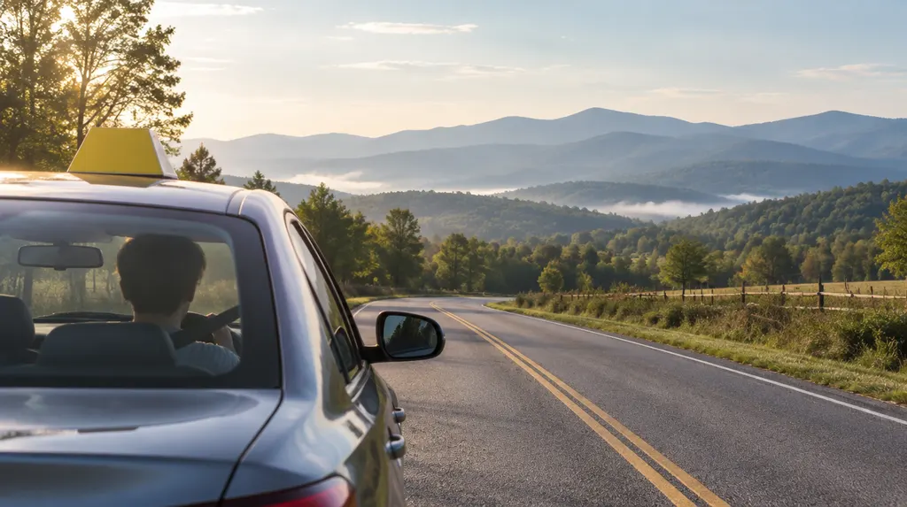 A student driver car on a quiet road in Simpsonville, SC