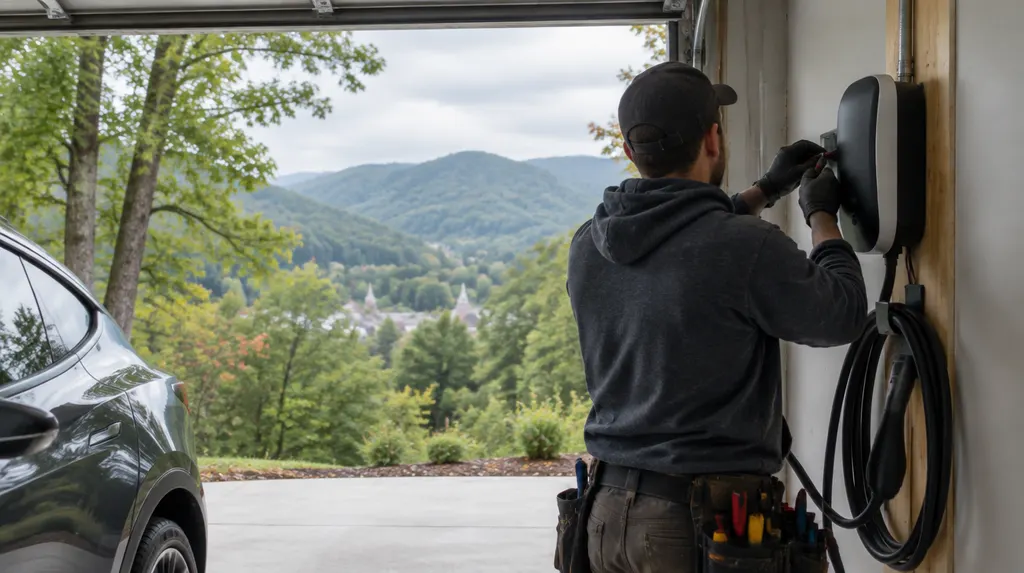 An electrician installing an EV charger in a garage in Simpsonville, SC