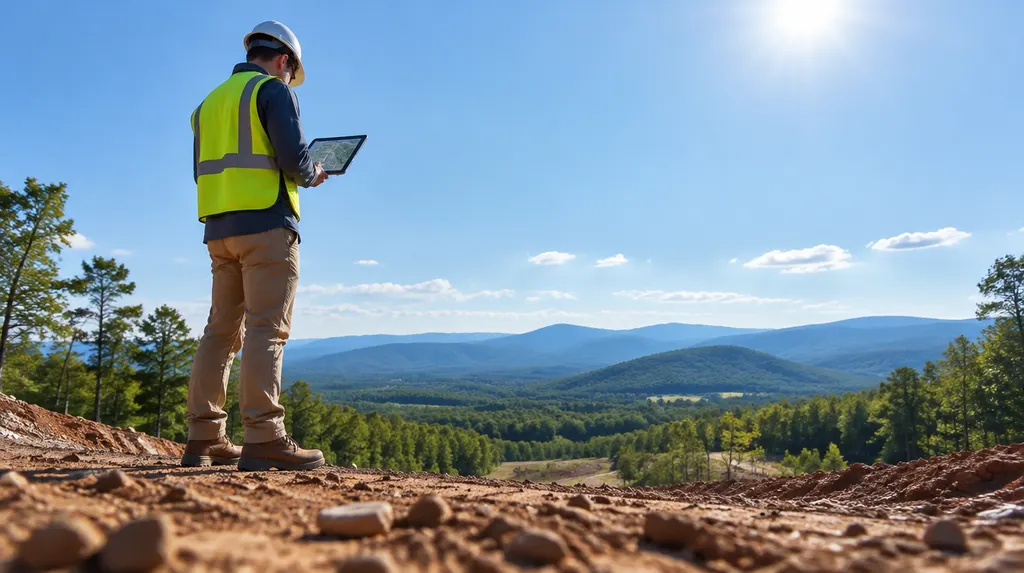 An engineer reviewing site plans on a tablet in Simpsonville, SC