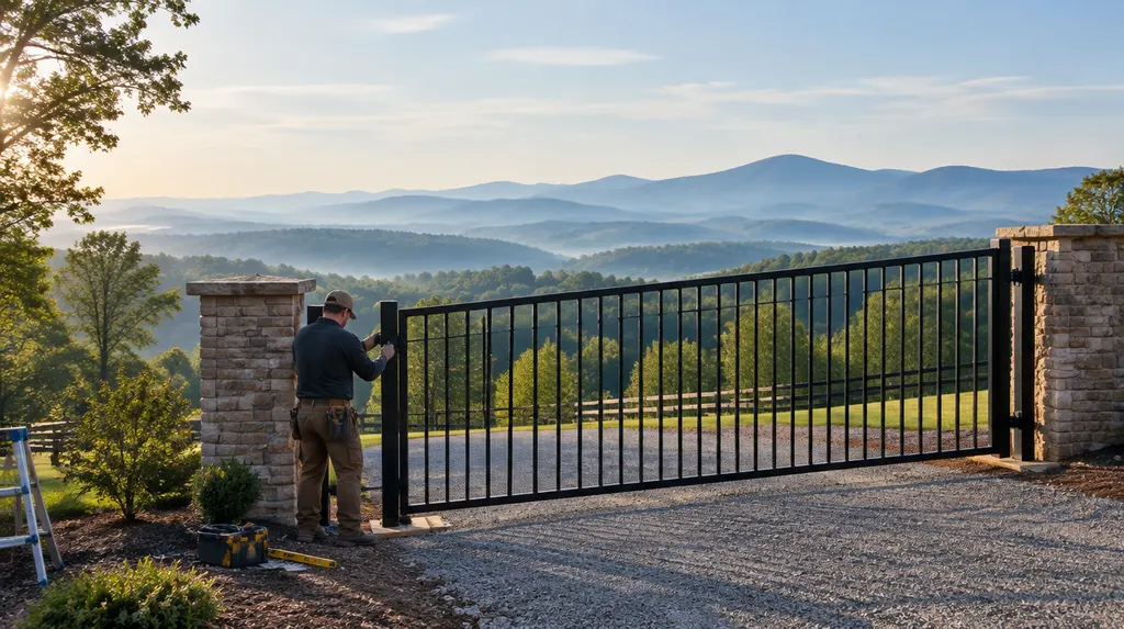 An installer hanging a black aluminum gate in Simpsonville, SC