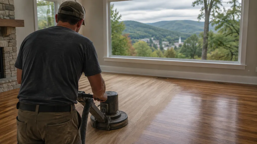 A craftsman refinishing a hardwood floor in Simpsonville, SC