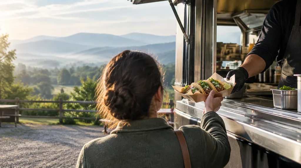 A food truck window with tacos being handed out in Simpsonville, SC