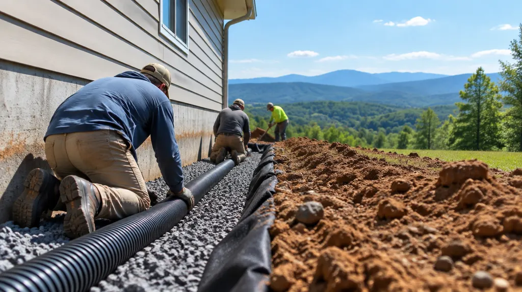 A crew installing drainage along a house foundation in Simpsonville, SC