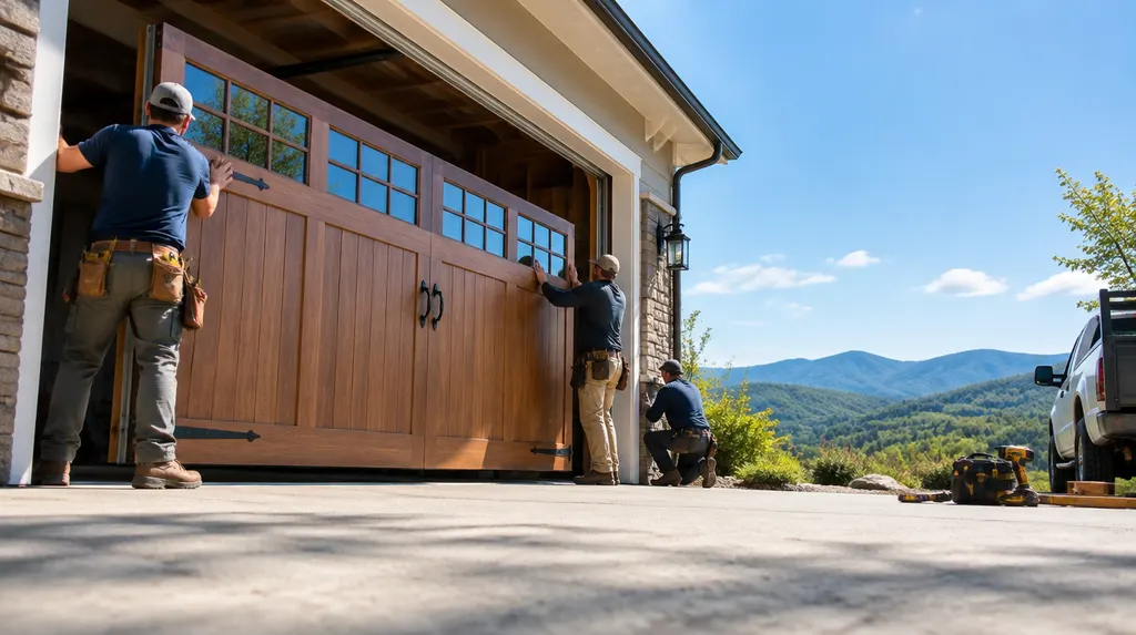 A crew installing a new carriage-style garage door in Simpsonville, SC