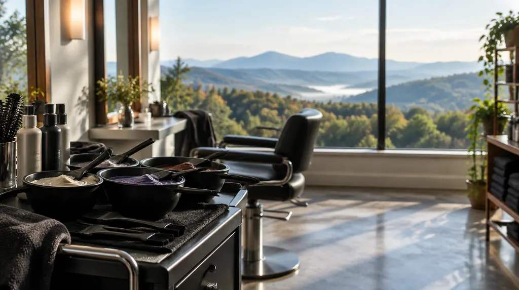 Hair color bowls and brushes on a salon station in Simpsonville, SC