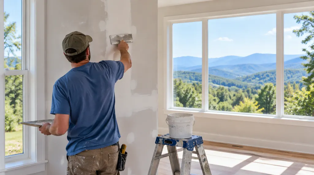 A handyman patching drywall in a bright room in Simpsonville, SC
