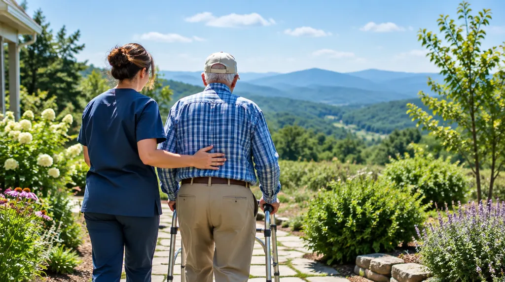 A caregiver helping an older man walk in a sunny garden in Simpsonville, SC