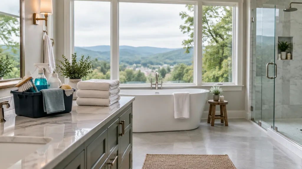 A cleaning caddy and fresh towels in a spotless bathroom in Simpsonville, SC