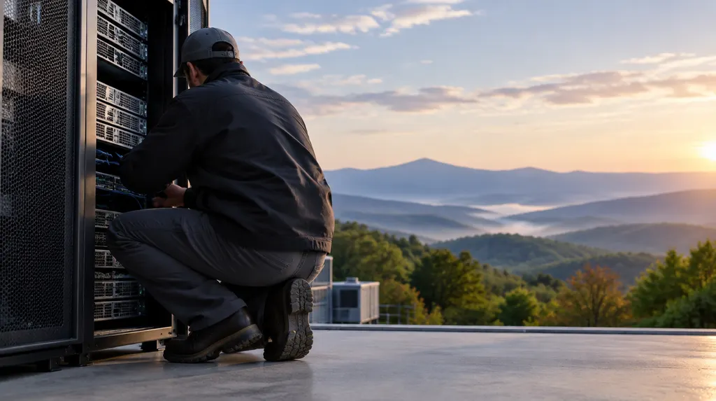 An IT technician working on a server rack in Simpsonville, SC