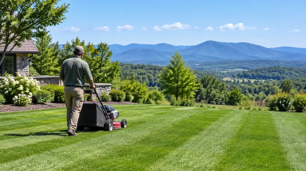 A landscaper mowing a striped green lawn in Simpsonville, SC