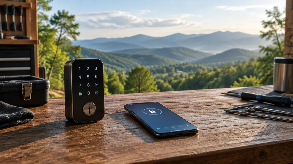 A sleek modern smart lock keypad and a phone app on a locksmith’s table in Simpsonville, SC