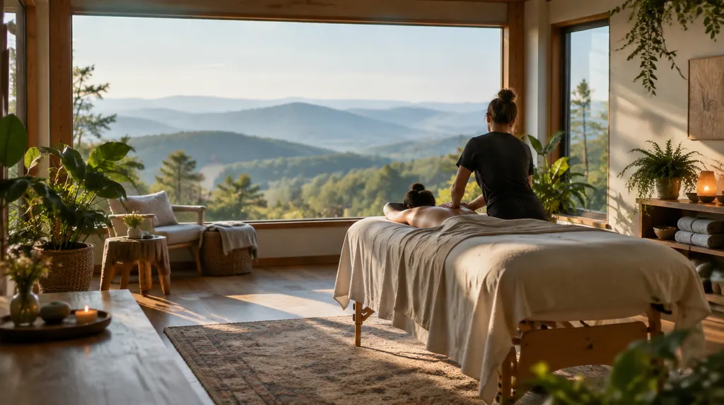 A massage studio with soft light and plants in Simpsonville, SC