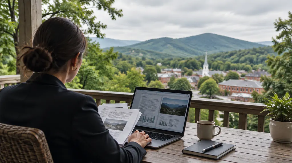 A broker reviewing documents on a laptop in Simpsonville, SC