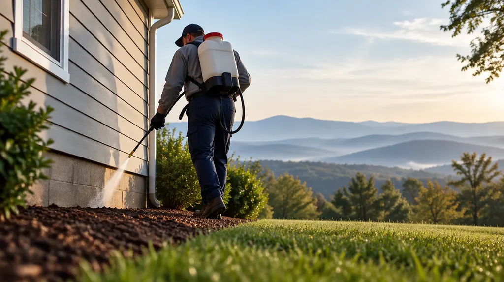 A pest control technician spraying the foundation of a house in Simpsonville, SC