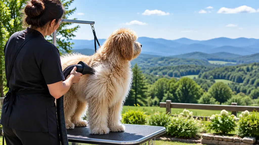 A groomer drying a fluffy dog in Simpsonville, SC
