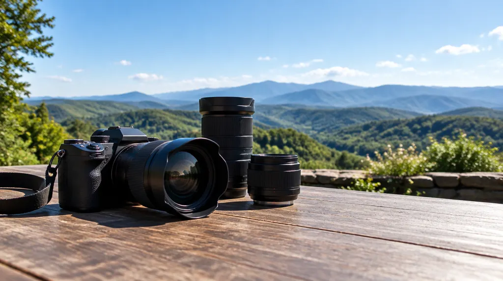 A camera and lenses on a studio table in Simpsonville, SC