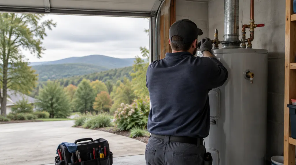 A plumber installing a tank water heater in a garage in Simpsonville, SC