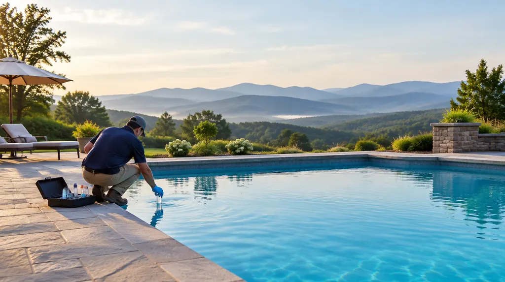 A clean blue pool with a technician testing the water in Simpsonville, SC