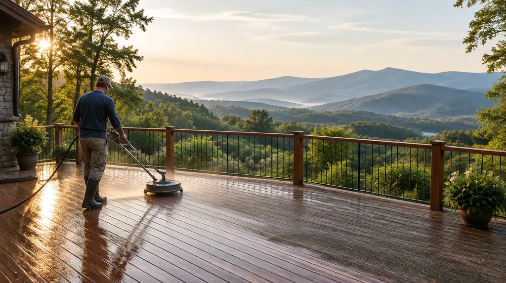 Cleaning a wooden deck with a surface cleaner in Simpsonville, SC