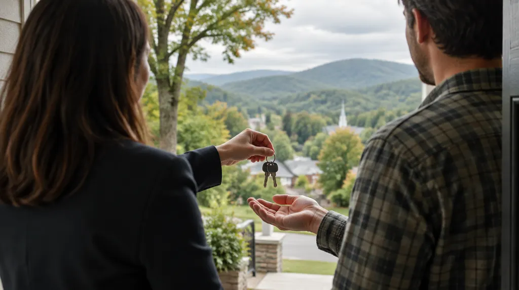 A manager handing keys to a tenant at a front door in Simpsonville, SC
