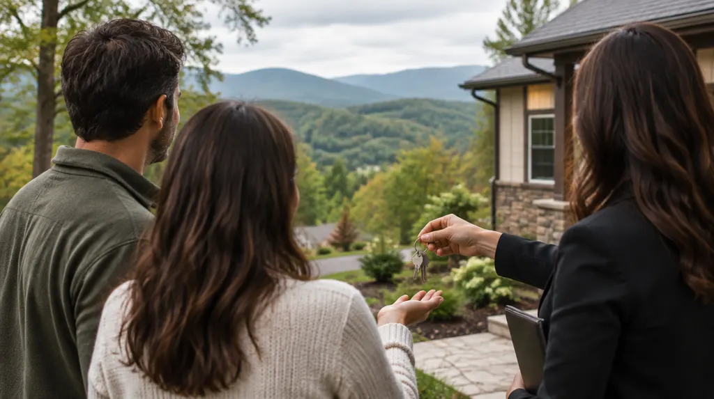 An agent handing keys to new homeowners outside a house in Simpsonville, SC