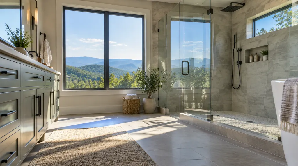 A finished modern bathroom remodel with a walk-in shower in Simpsonville, SC
