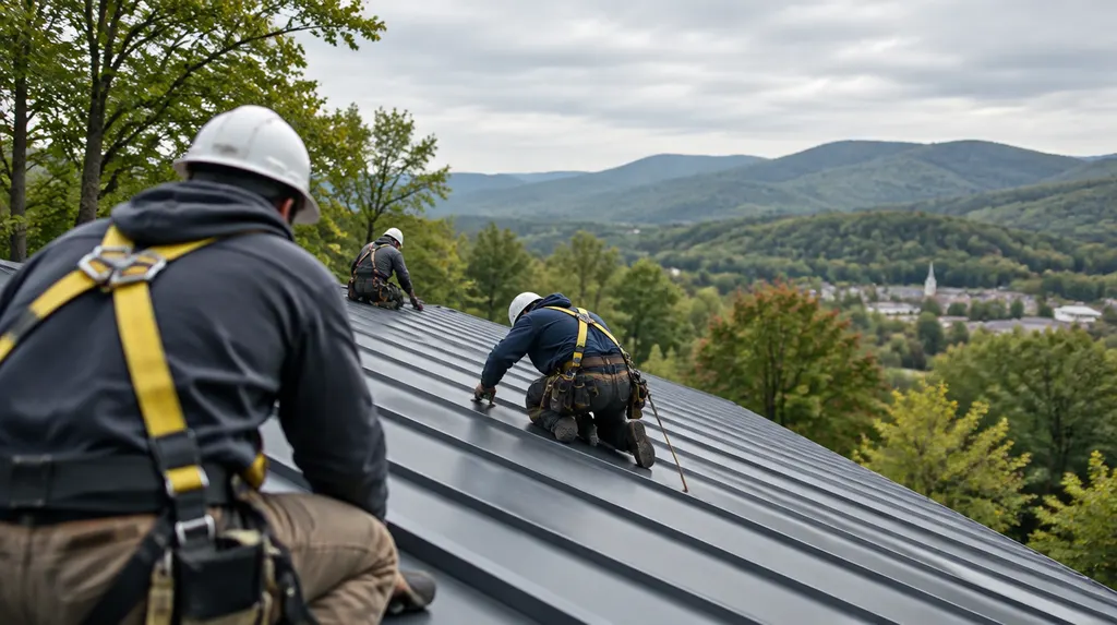 A roofing crew installing a standing-seam metal roof in Simpsonville, SC