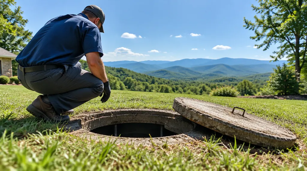A technician inspecting an open septic tank lid in a yard in Simpsonville, SC