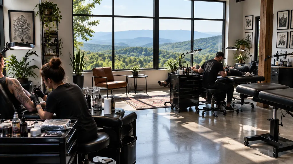 A clean modern tattoo studio with artist stations in Simpsonville, SC