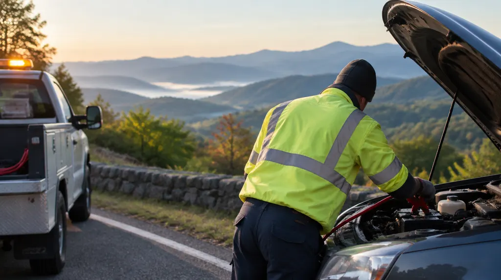 A roadside assistance worker jump-starting a car in Simpsonville, SC