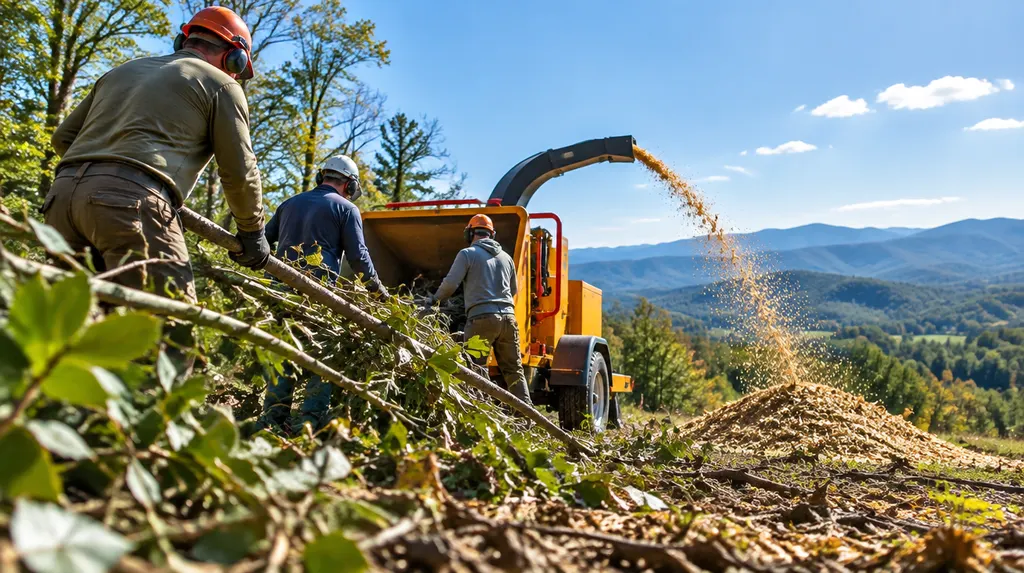 A crew feeding branches into a wood chipper in Simpsonville, SC