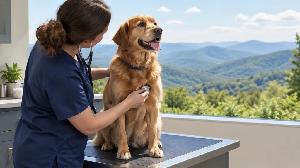 A veterinarian examining a happy dog on an exam table in Simpsonville, SC