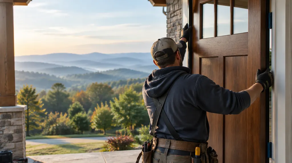 An installer hanging a new front entry door in Simpsonville, SC