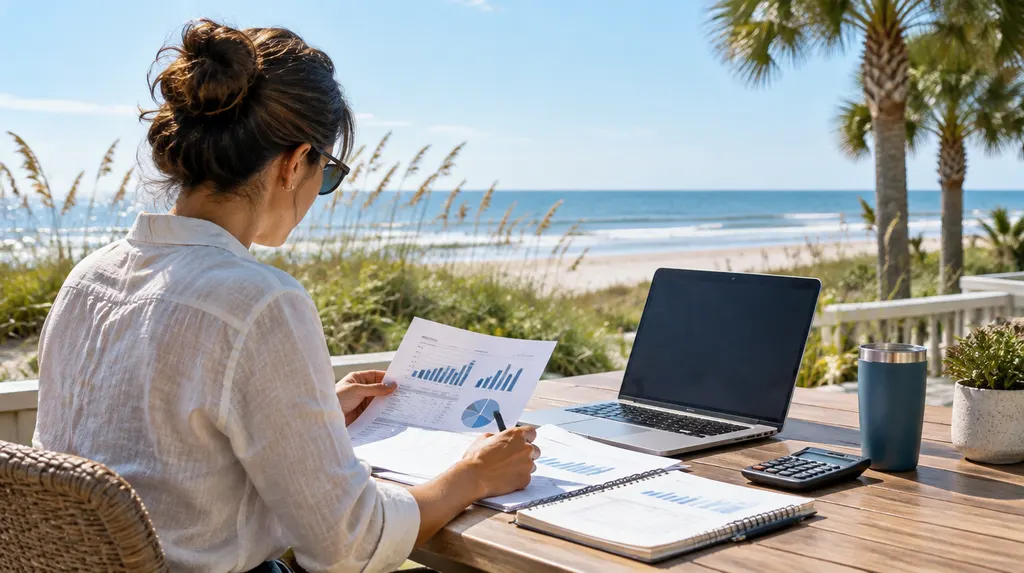 An accountant reviewing financial reports at a desk in Socastee, SC