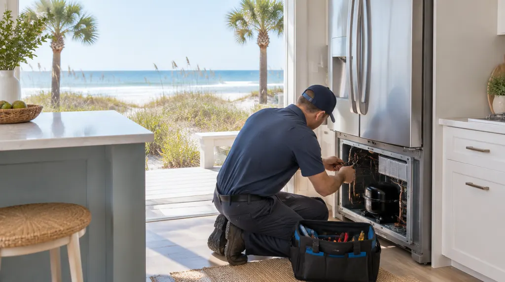 A technician repairing a refrigerator in a kitchen in Socastee, SC