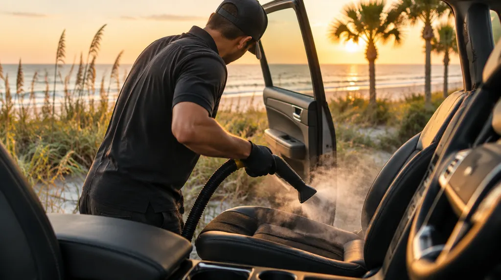 A detailer cleaning a car interior with a steam tool in Socastee, SC