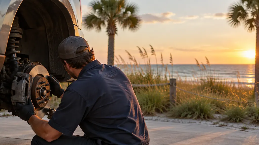 A mechanic checking brakes on a wheel in Socastee, SC