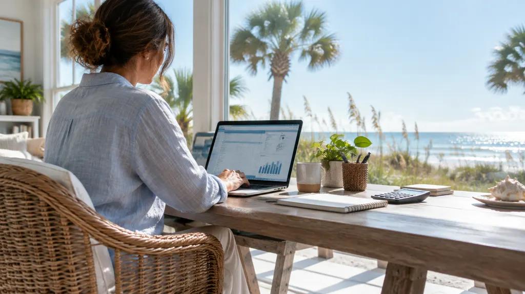 A bookkeeper working on financial software in a home office in Socastee, SC