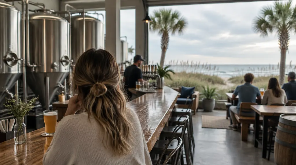 A craft brewery taproom with tanks and a bar in Socastee, SC