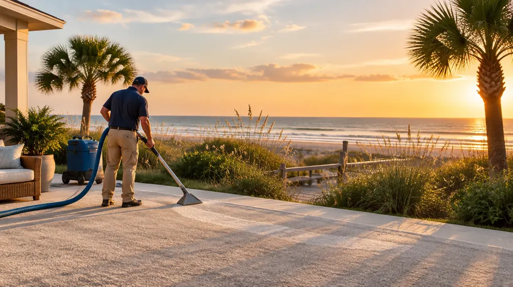A technician cleaning a carpet with a wand in Socastee, SC
