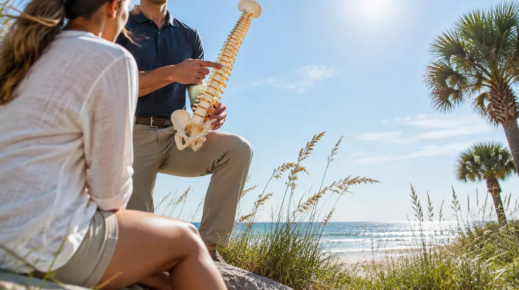 A chiropractor discussing a spine model in Socastee, SC