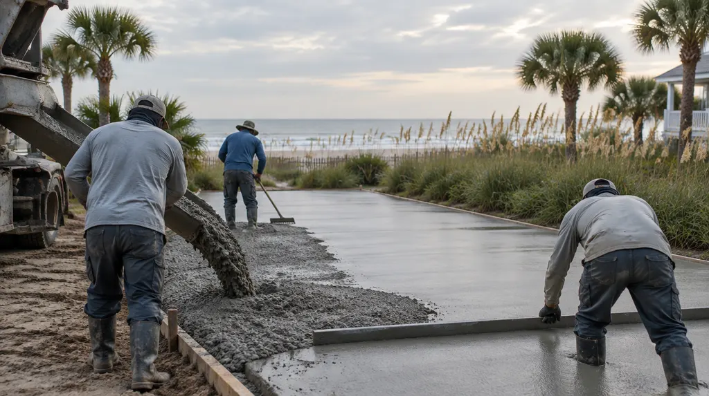 A crew pouring and screeding a new concrete driveway in Socastee, SC