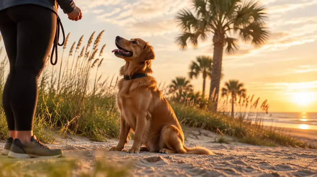 A happy dog sitting during a training session in Socastee, SC