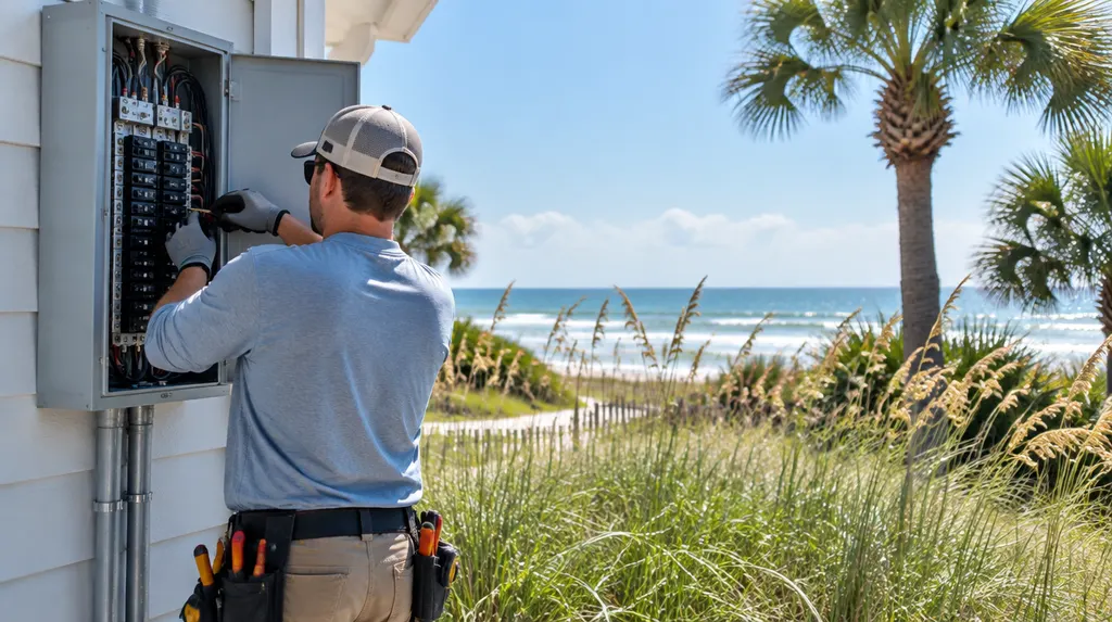 An electrician working on an open breaker panel in Socastee, SC