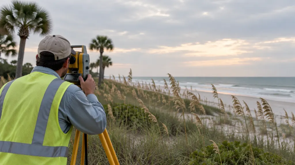 A surveyor with a tripod instrument in a field in Socastee, SC