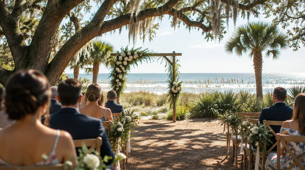 An outdoor ceremony setup under oak trees in Socastee, SC